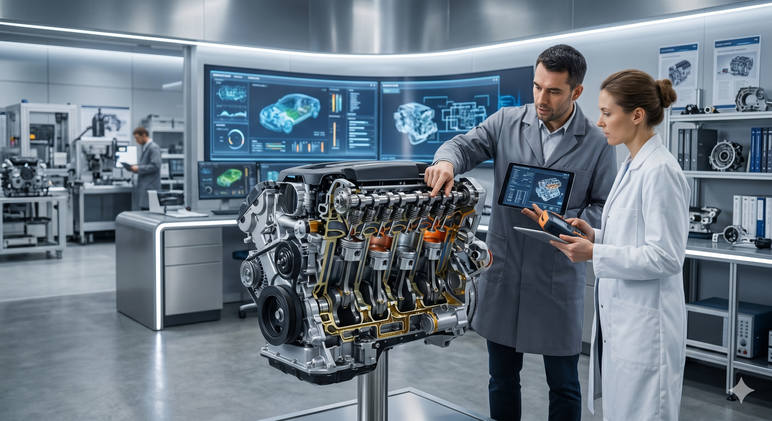 Engenheiros analisando motor moderno desenvolvido para atender novas especificações de lubrificantes.