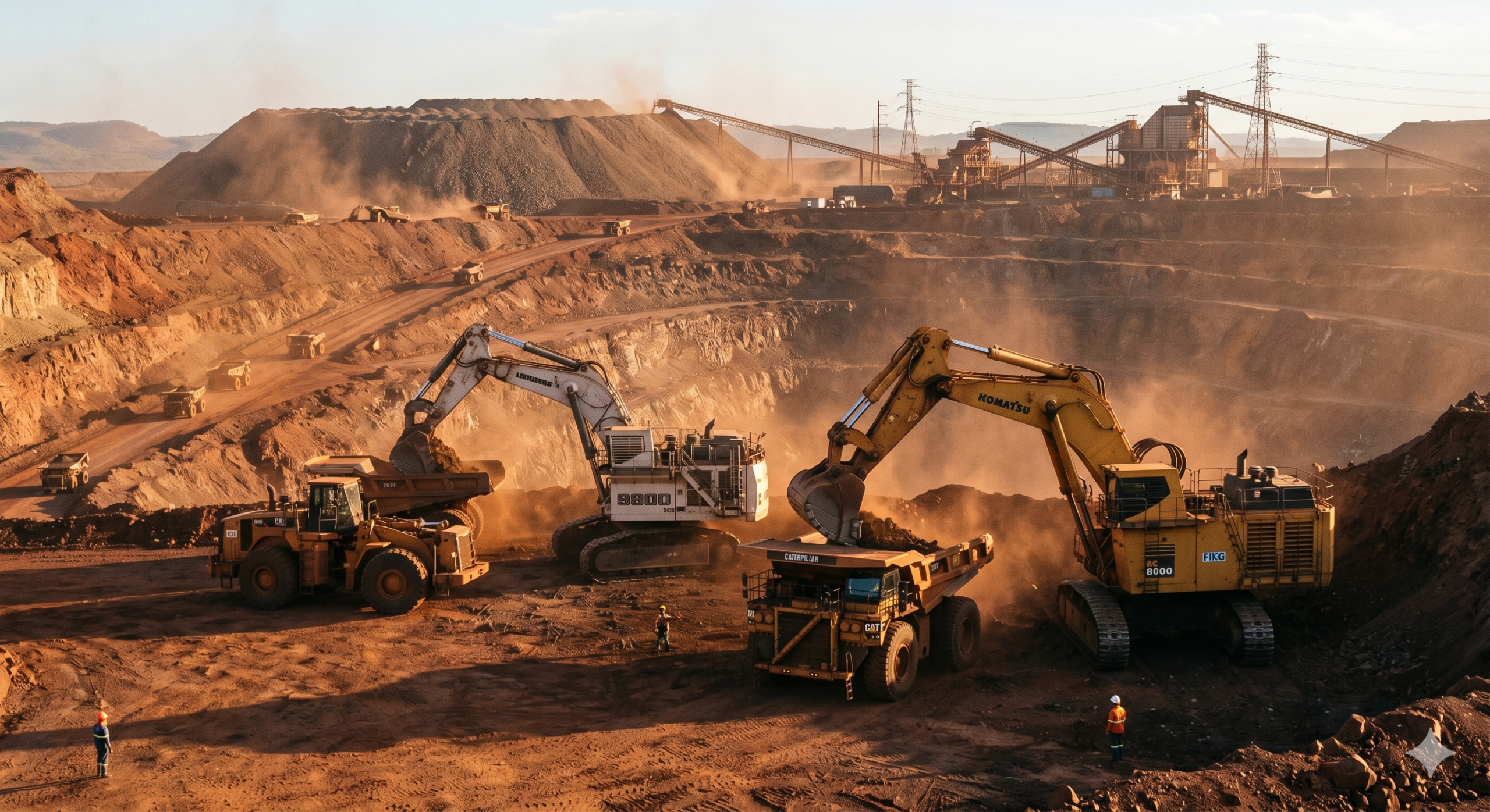 Detalhe técnico interno de cilindro hidráulico em equipamento de mineração