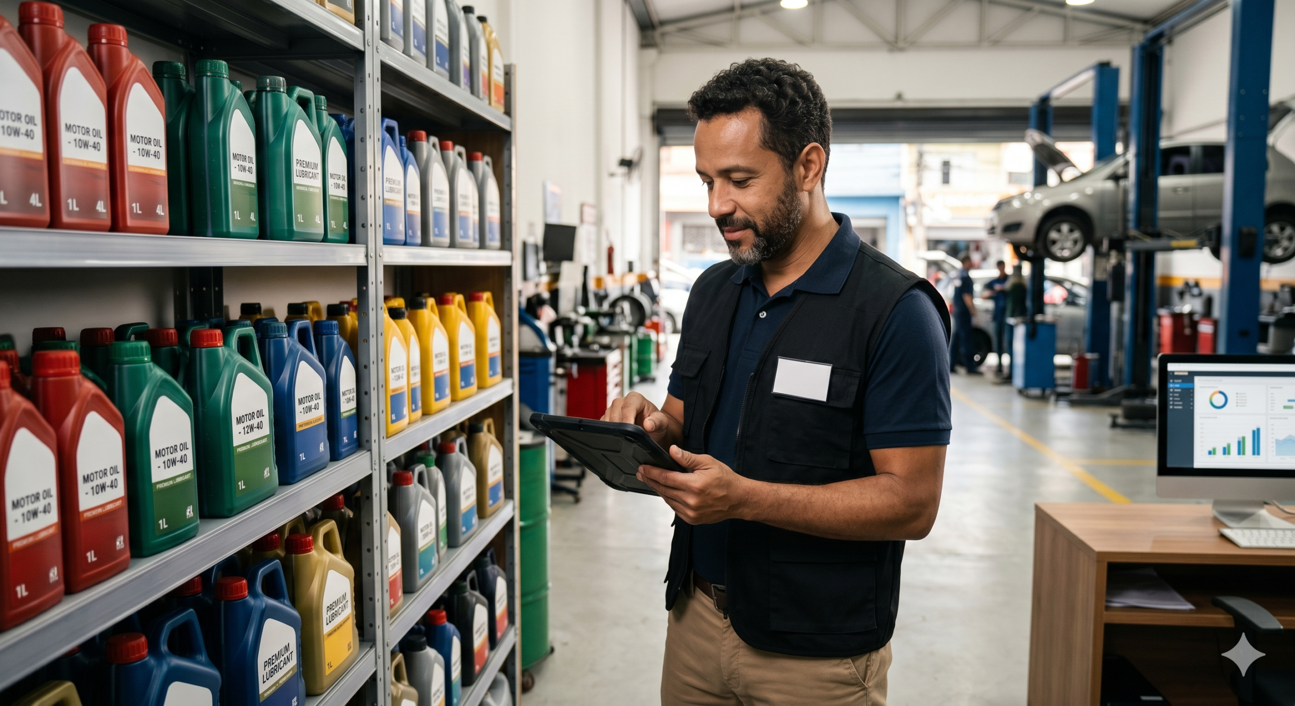 Empresário analisando estoque de lubrificantes para revenda em auto center