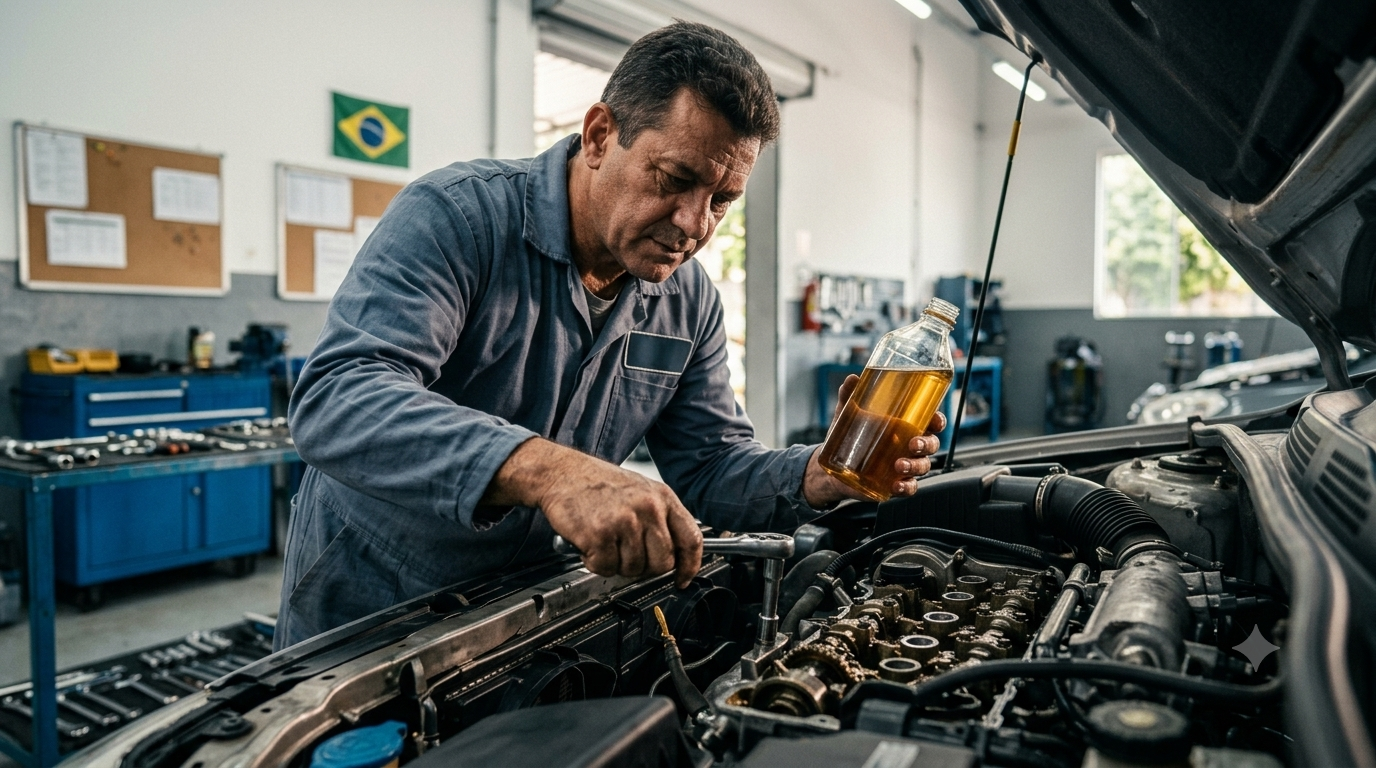 Mecânico analisando o óleo lubrificante ideal para proteger o motor de um automóvel.