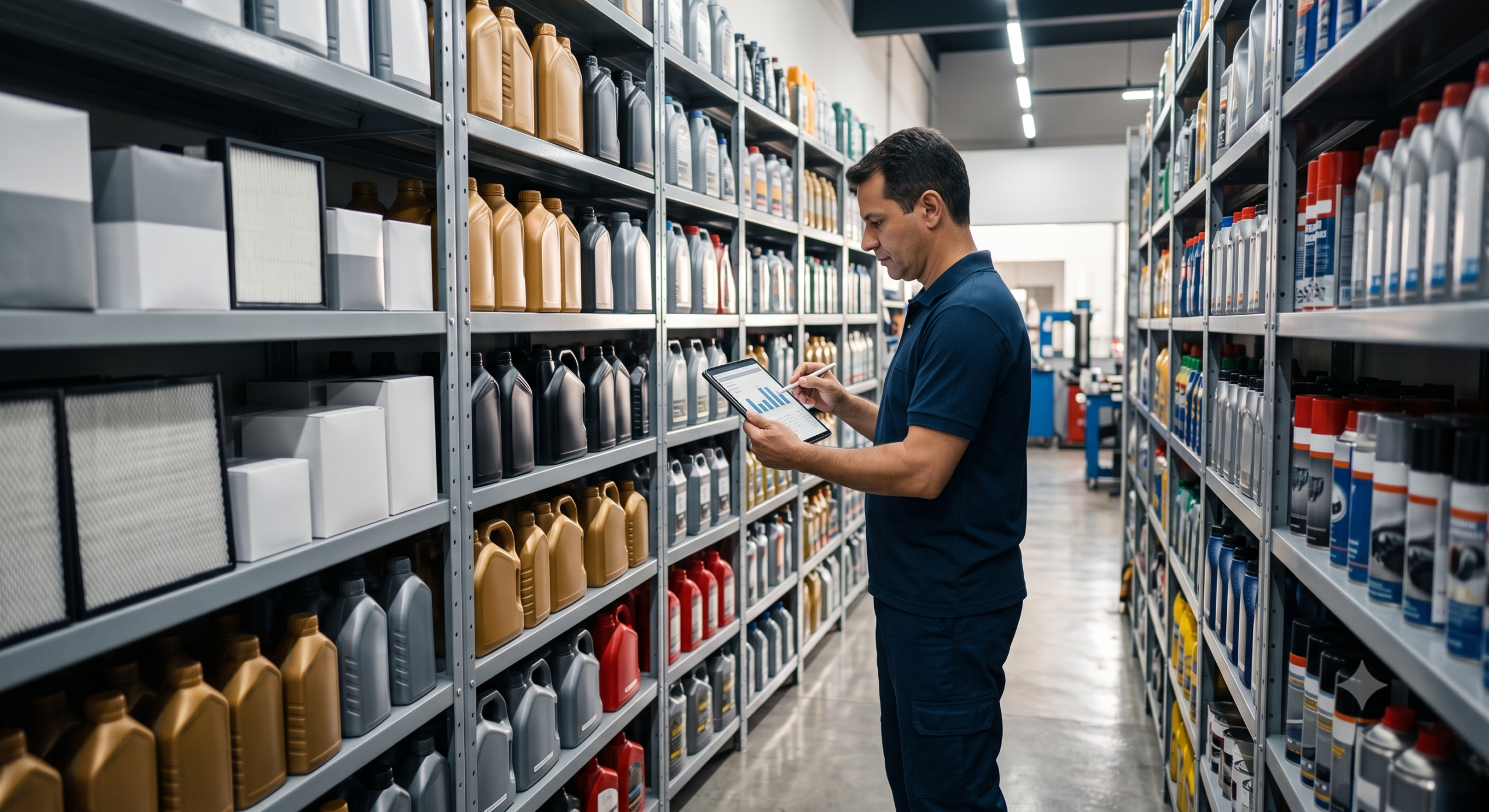 Gestão inteligente de estoque em loja de lubrificantes com produtos organizados nas prateleiras.