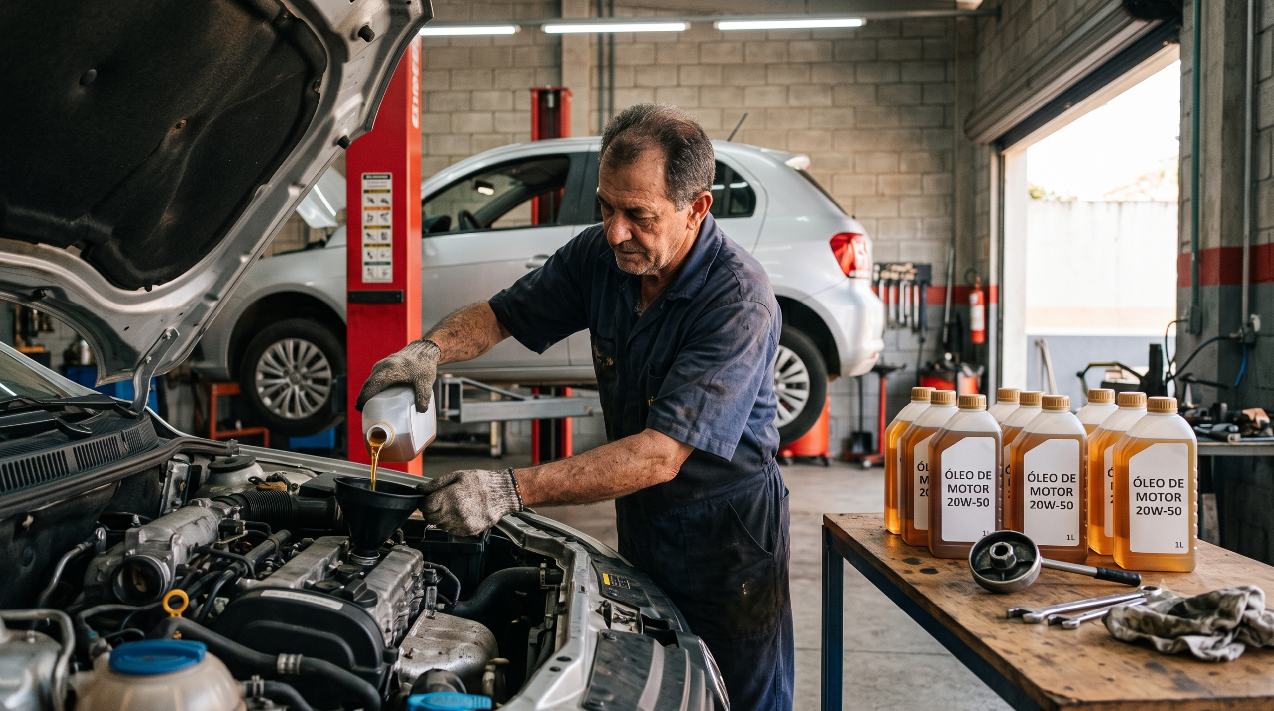 Mecânico realizando troca de óleo 20W50 em um automóvel em auto center.